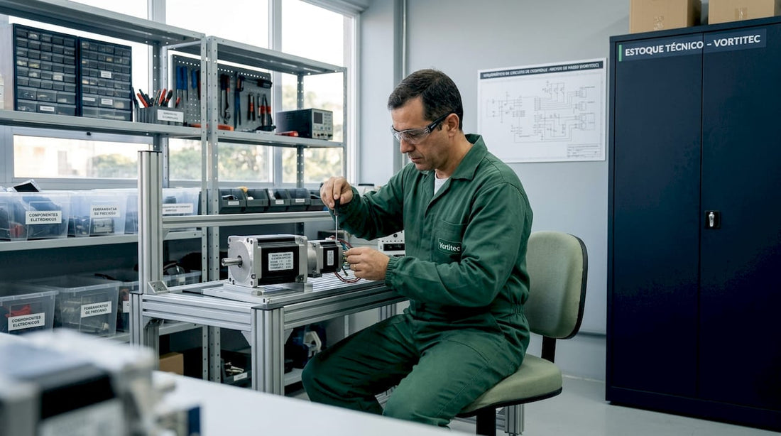 Engenheiro analisando um motor de servo em laboratório