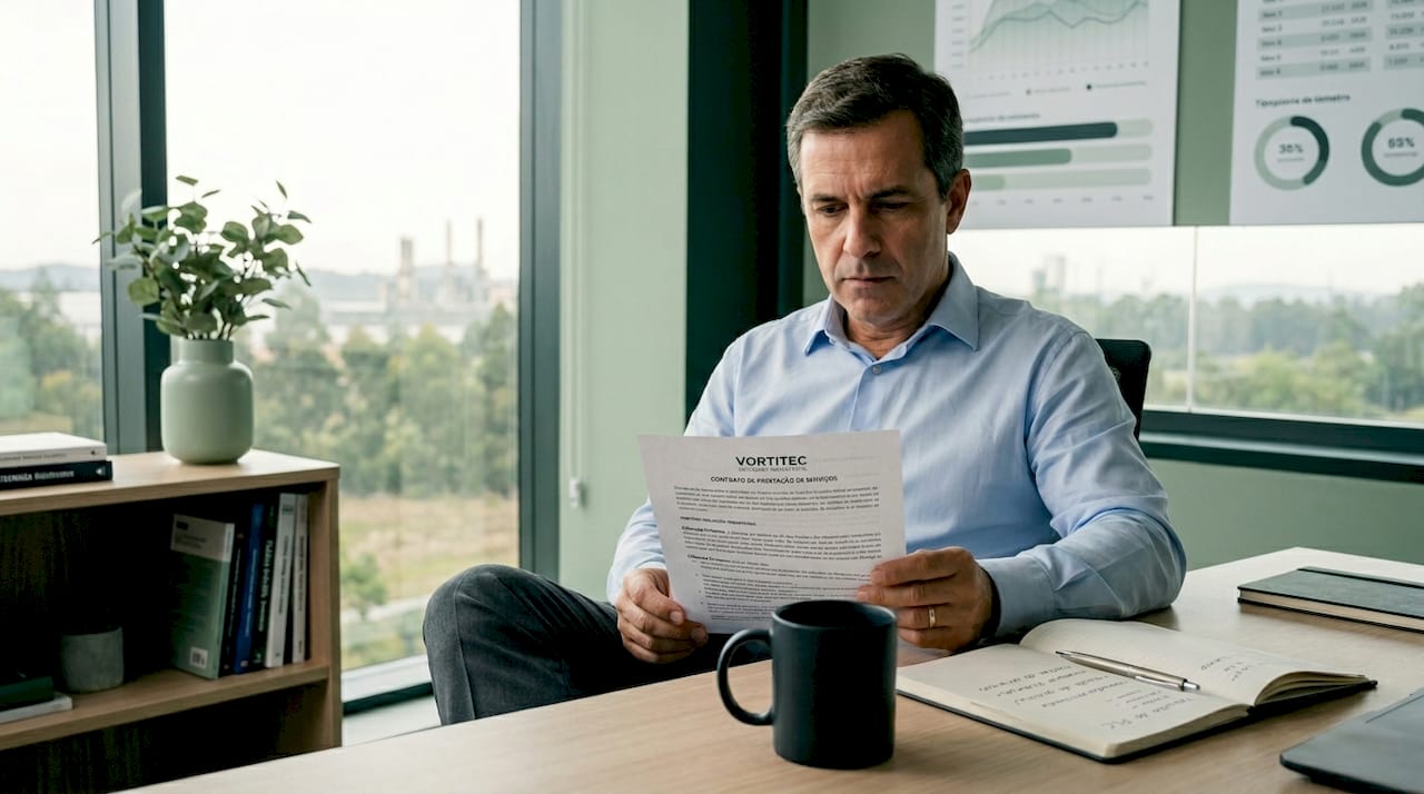 Gestor de manutenção revisando contrato em escritório
